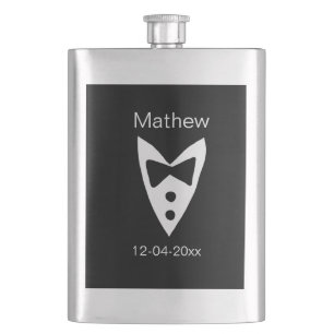 groomsman add name year black bow shirt tie tuxedo flask