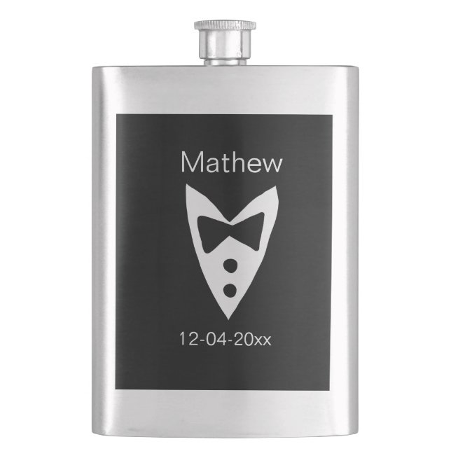 groomsman add name year black bow shirt tie tuxedo flask (Front)