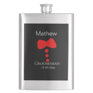 groomsman add name year black bow shirt tie tuxedo flask