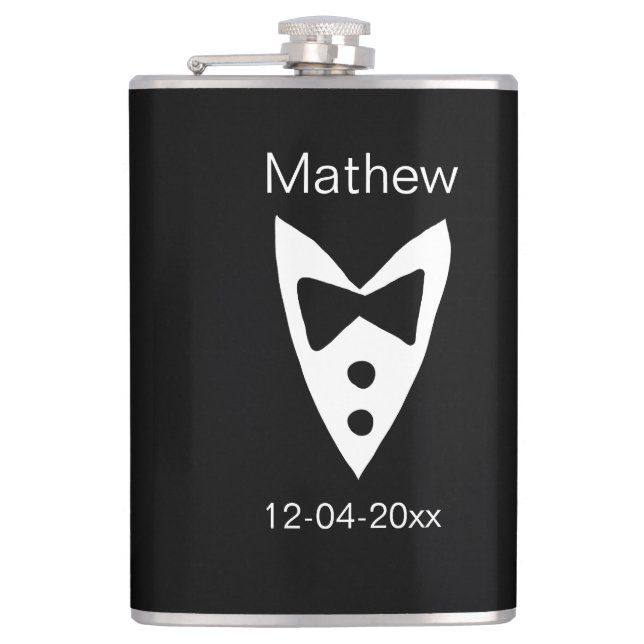 groomsman add name year black bow shirt tie tuxedo flask (Front)