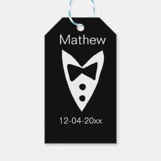 groomsman add name year black bow shirt tie tuxedo gift tags