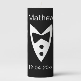 groomsman add name year black bow shirt tie tuxedo pillar candle