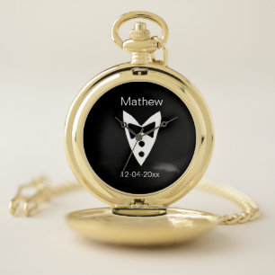 groomsman add name year black bow shirt tie tuxedo pocket watch