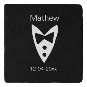 groomsman add name year black bow shirt tie tuxedo trivet