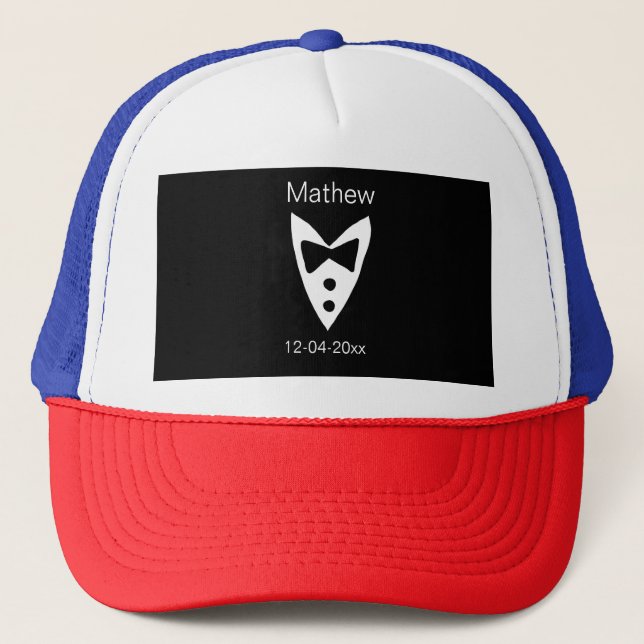 groomsman add name year black bow shirt tie tuxedo trucker hat (Front)