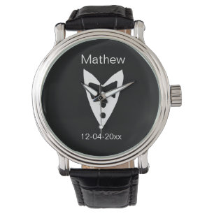 groomsman add name year black bow shirt tie tuxedo watch