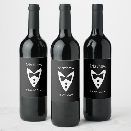 groomsman add name year black bow shirt tie tuxedo wine label