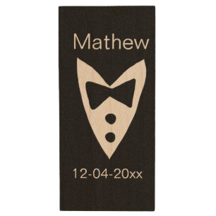 groomsman add name year black bow shirt tie tuxedo wood flash drive