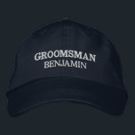 Groomsman Bachelor Party Wedding Role Custom Embroidered Baseball Cap<br><div class="desc">Add a name and the role to play at the wedding by clicking the "Personalized" button. This chic and stylish cap serves as the perfect memento of a memorable getaway with your favorite buddies. The front of the cap showcases a captivating sports-inspired "Groom" typography that perfectly captures the fun and...</div>