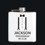 Groomsman Black Bow Tie Flask<br><div class="desc">This flask is a great favor for the groomsmen in your wedding. If all your wedding party will be wearing suits this design with suspenders and a bow tie in black would be perfect. Casual yet formal. It'd be great for a bachelor weekend or bachelor party. A fun gift for...</div>