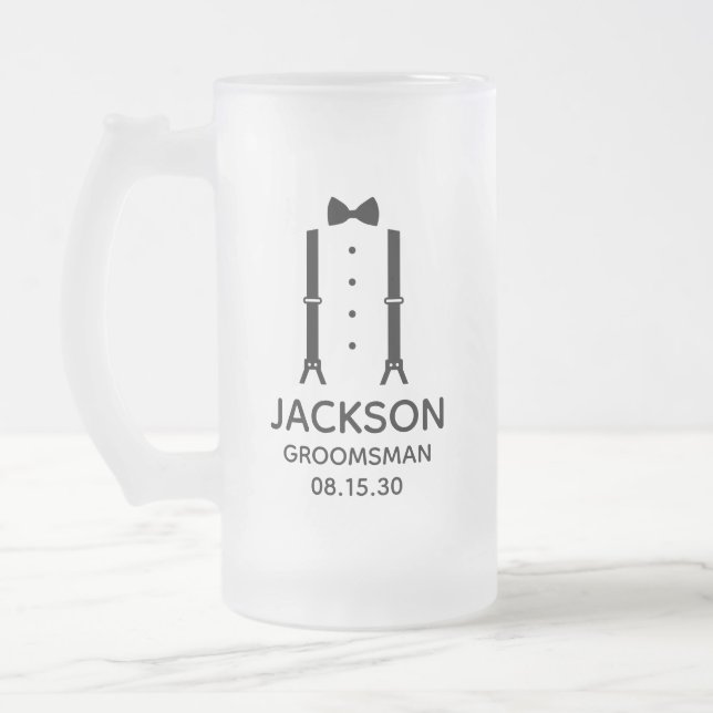 Groomsman Black Bow Tie Frosted Glass Beer Mug (Left)
