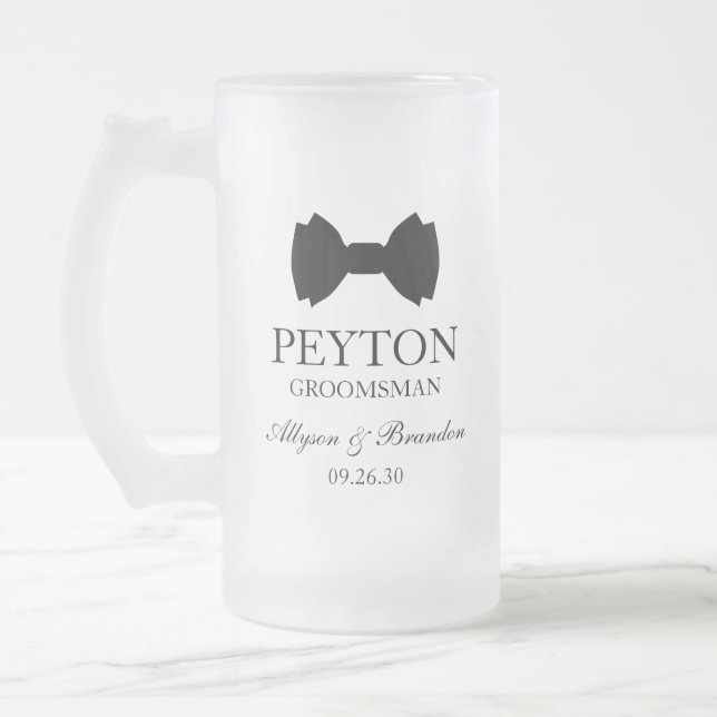 Groomsman Black Bow Tie Frosted Glass Beer Mug (Left)
