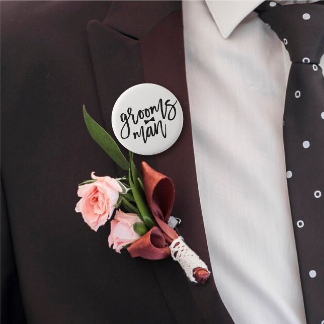 Groomsman Black Brush Script Bow Tie Wedding Party Button ('Groomsman' Bow Tie Black Brush Script Calligraphy Wedding Rehearsal Pin Button @ fatfatin_blue_knot)