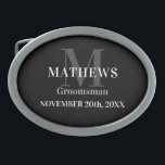 Groomsman Black Elegant Simple Modern Belt Buckle<br><div class="desc">Groomsman Black Elegant Simple Modern Belt buckle, a stylish accessory that adds a touch of sophistication to any outfit. This belt buckle features a sleek black design, exuding a sense of elegance and refinement. Personalize it with your groomsman's name initial and wedding date, making it a thoughtful and unique gift....</div>