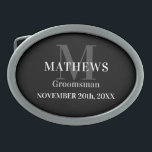 Groomsman Black Elegant Simple Modern Belt Buckle<br><div class="desc">Groomsman Black Elegant Simple Modern Belt buckle, a stylish accessory that adds a touch of sophistication to any outfit. This belt buckle features a sleek black design, exuding a sense of elegance and refinement. Personalize it with your groomsman's name initial and wedding date, making it a thoughtful and unique gift....</div>