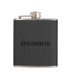 Groomsman Black Faux Leather Black Text Flask