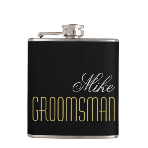 Groomsman Black Gold Gray Typography Wedding Flask
