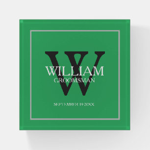 Groomsman Black Monogram White Detail Modern Green Paperweight