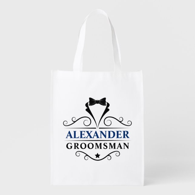 Groomsman Black Tie Blue White Reusable Bag (Front)