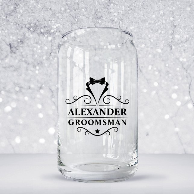 Groomsman Black Tie Shot Can Glass (Customize to change text color.)