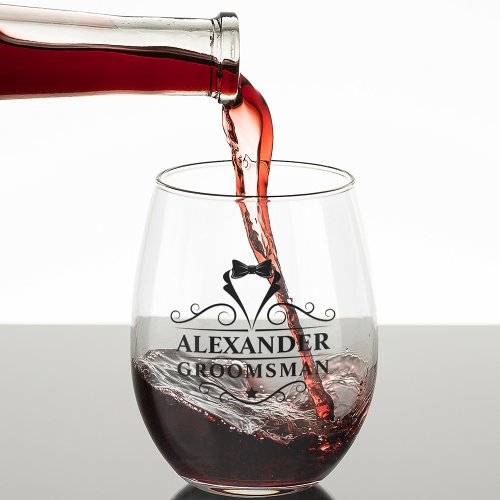 Groomsman Black Tie Shot Stemless Wine Glass