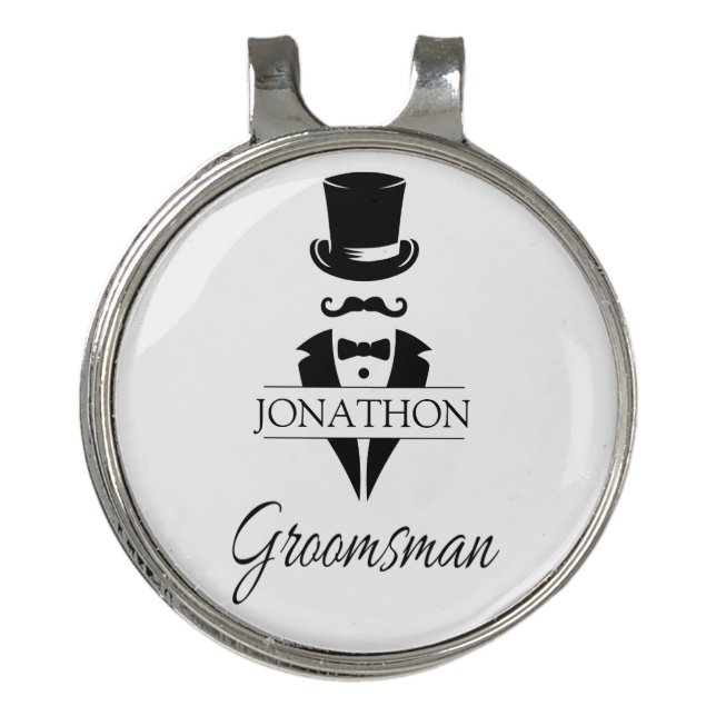 Groomsman Black Tuxedo Top Hat Monogram Golf Hat Clip (Front)