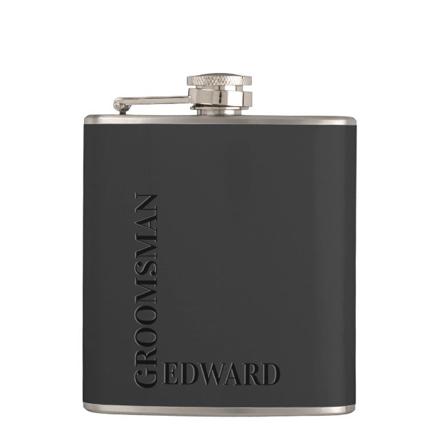 Groomsman Black Typography Embossed Look Monogram Flask (Front)