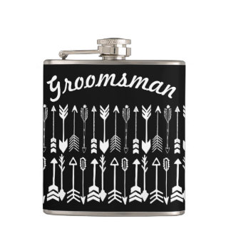 Groomsman Black with White Arrow Pattern Hip Flask