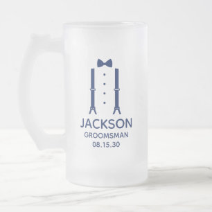 Groomsman Blue Bow Tie Frosted Glass Beer Mug