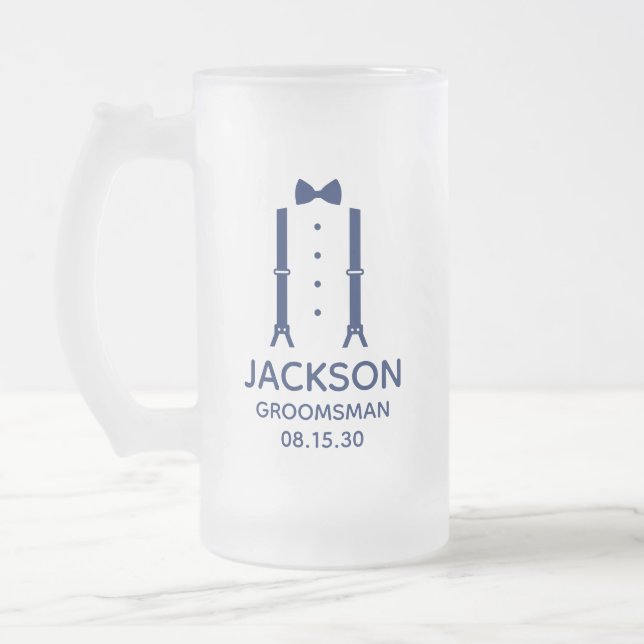 Groomsman Blue Bow Tie Frosted Glass Beer Mug (Left)