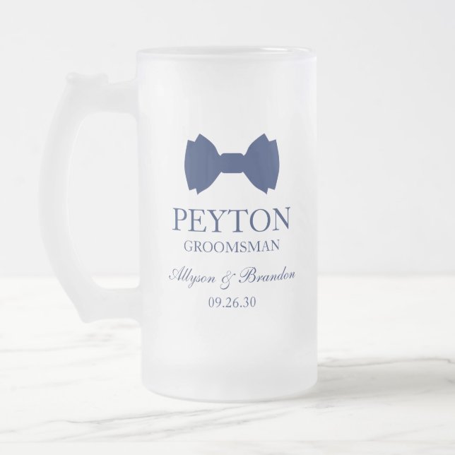 Groomsman Blue Bow Tie Frosted Glass Beer Mug (Left)
