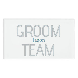 groomsman bold groom team gray blue white bachelor name tag