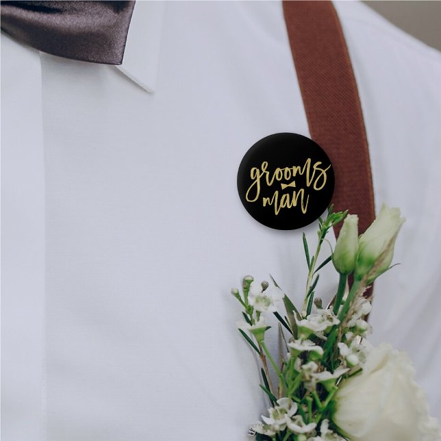 Groomsman Bow Tie Gold Script Bridal Party Wedding Button ('Groomsman' Bow Tie Gold Brush Script Calligraphy Wedding Rehearsal Pin Button @ fatfatin_blue_knot)
