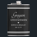 Groomsman Custom Personalised Wedding Party  Flask<br><div class="desc">Groomsman Custom Personalised Name Wedding Party Flask features the groomsman's name with the bridal couple's names and wedding date accented with a small love heart. Custom made for the groomsman. Designed by ©2024 Evco Studio www.zazzle.com/store/evcostudio</div>