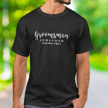 Groomsman Custom Wedding Favor Modern Monogram T-Shirt<br><div class="desc">Your groomsman will love this custom wedding thank you gift/favor with a modern script font. Add his name or monogram and another line of text (date, wedding location, etc.) Easily change the background color to match your wedding colors - just click on "customize it" and then the choose your color...</div>