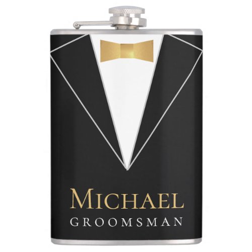 Groomsman Elegant Black Suit Bowtie Faux Gold Foil Flask