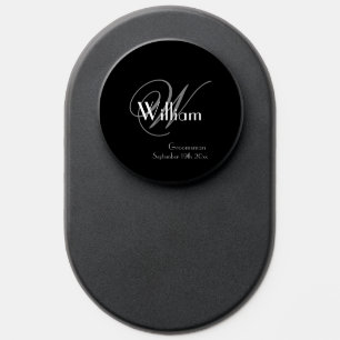 Groomsman Elegant Gray Monogram White Detail Black PopSocket