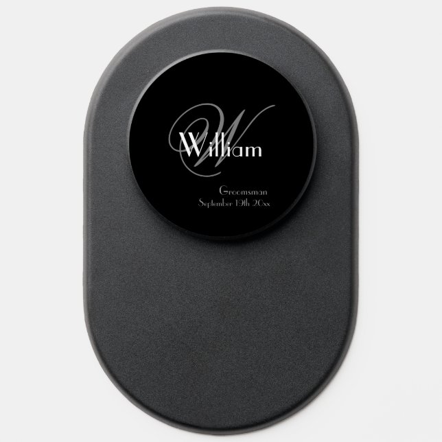 Groomsman Elegant Gray Monogram White Detail Black PopSocket (Popsocket)