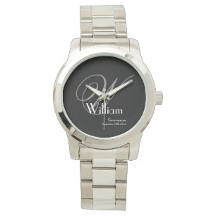 Groomsman Elegant Gray Monogram White Detail Black Watch