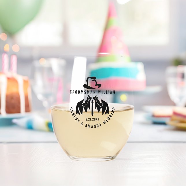 Groomsman Elegant Tuxedo Wedding Stemless Wine Glass (Insitu (Birthday))