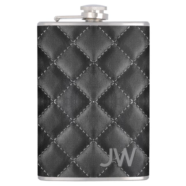 Groomsman Embossed Monogram Black Leather Flask (Front)