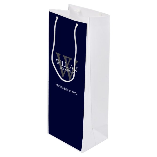 Groomsman Gift Custom Modern Navy Blue  Wine Gift Bag (Front Angled)