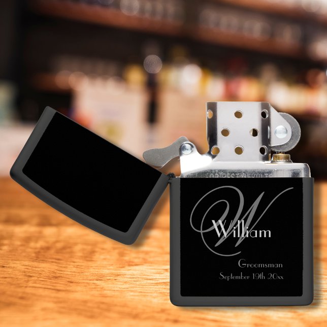 Groomsman Gift Elegant Monogram Initial, Name Date Zippo Lighter (Elegant Monogram & Name plus Date in Classic Script - Black Gray & White Groomsmen Zippo Lighter.)