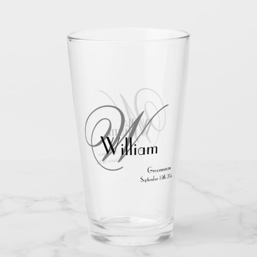 Groomsman Gift Elegant Monogram Name Date Beer  Glass