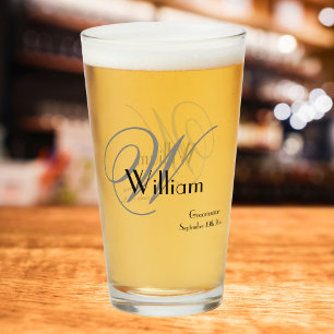 Groomsman Gift Elegant Monogram Name Date Beer  Glass