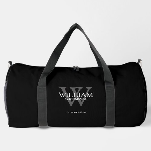 Groomsman Gift Modern Monogram Casual Cool Black Duffle Bag