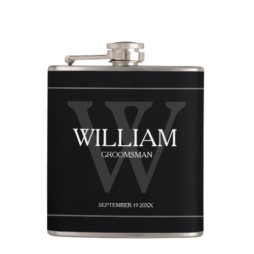 Groomsman Gift Modern Monogram Name Black Flask