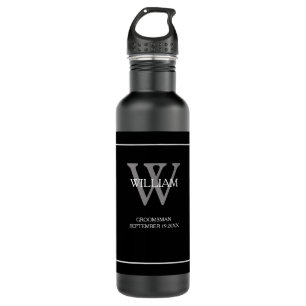 Groomsman Gift modern monogram script cool black Stainless Steel Water Bottle