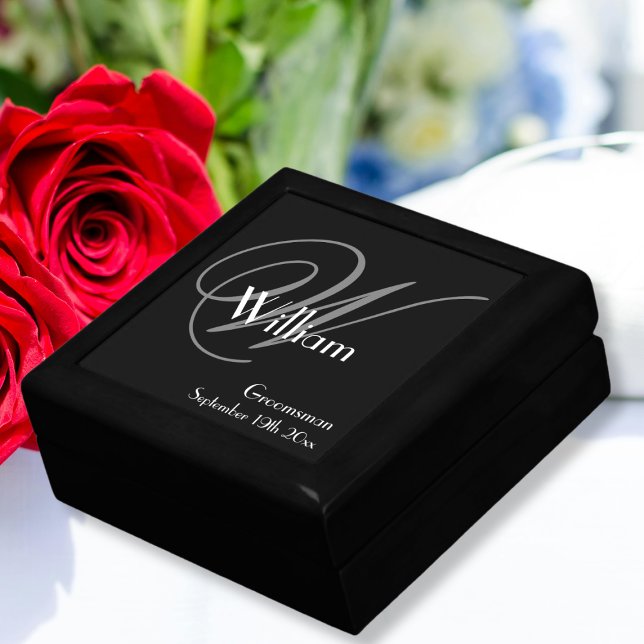Groomsman Gift Modern Monogram Script Elegant Chic Box (Groomsman Gift  -Modern Monogram  and Name, Elegant Script, Chic Gift Box.)