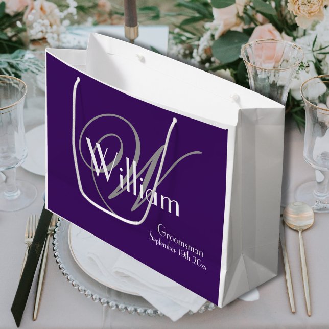 Groomsman Gift - Monogram + Name Purple White Gray Large Gift Bag (A Wonderful Groomsman Gift - Monogram + Name Purple White Gray Large Gift Bag.)